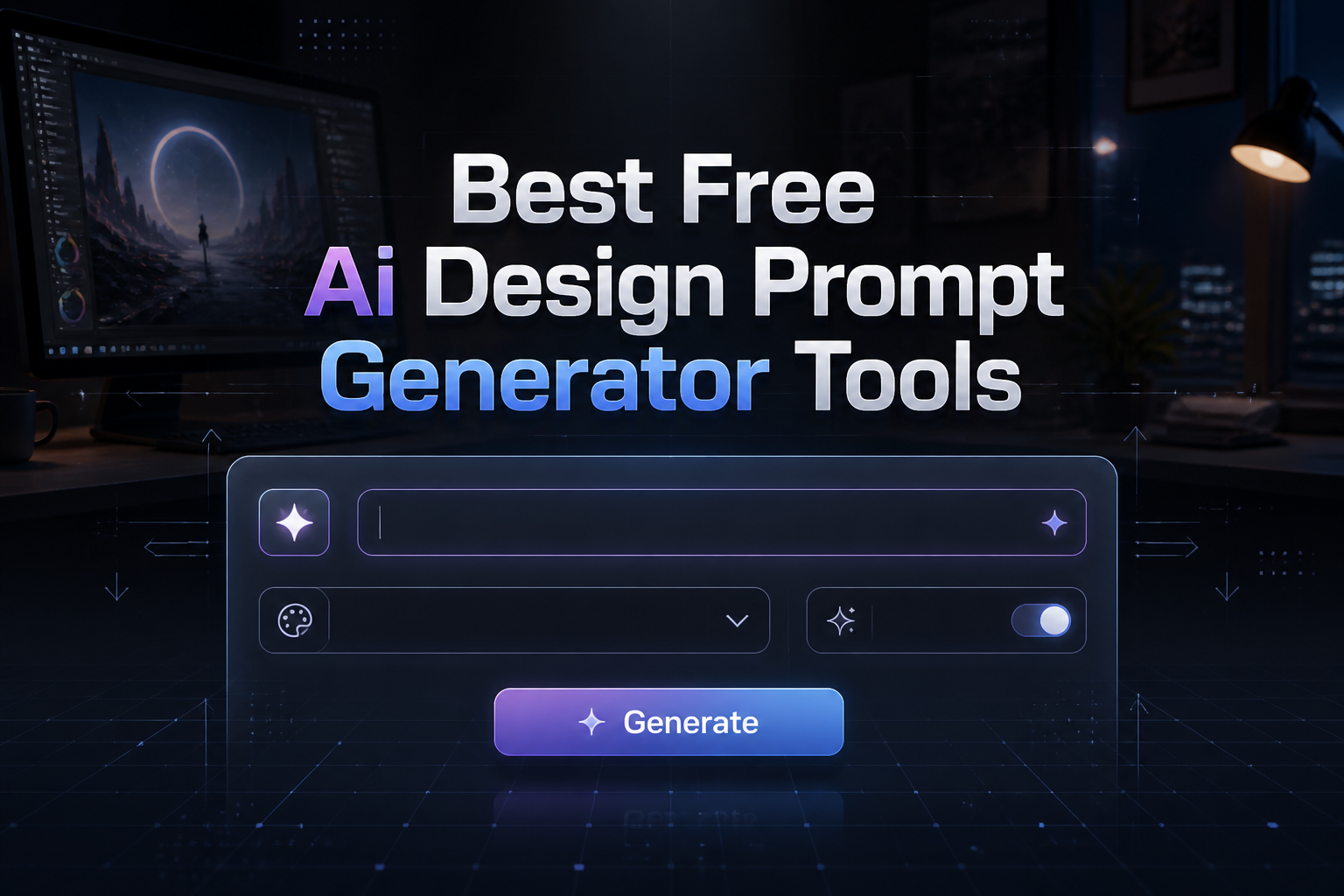 Featured hero graphic with the title Best Free Ai Design Prompt Generator Tools, a sleek prompt-builder interface with input field, style dropdown, enhancement toggle, and Generate button, plus a designer workstation background.