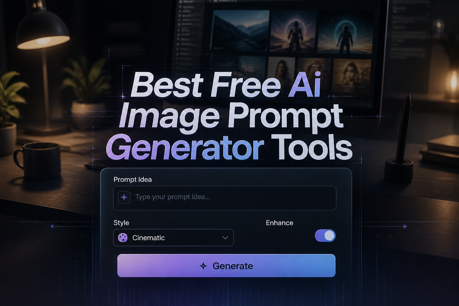 Hero graphic for Best Free Ai Image Prompt Generator Tools with a refined UI panel showing a prompt idea field, style dropdown, enhance toggle, and Generate button over a modern desk scene with subtle AI prompt generator tool design accents.