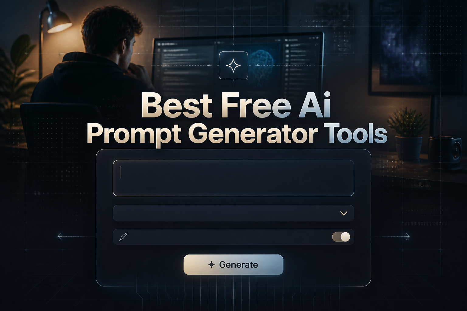 A premium hero graphic shows the title Best Free Ai Prompt Generator Tools in a sleek UI panel with a prompt input field, dropdown, toggle and Generate button, over a creator-at-desk AI workflow backdrop.