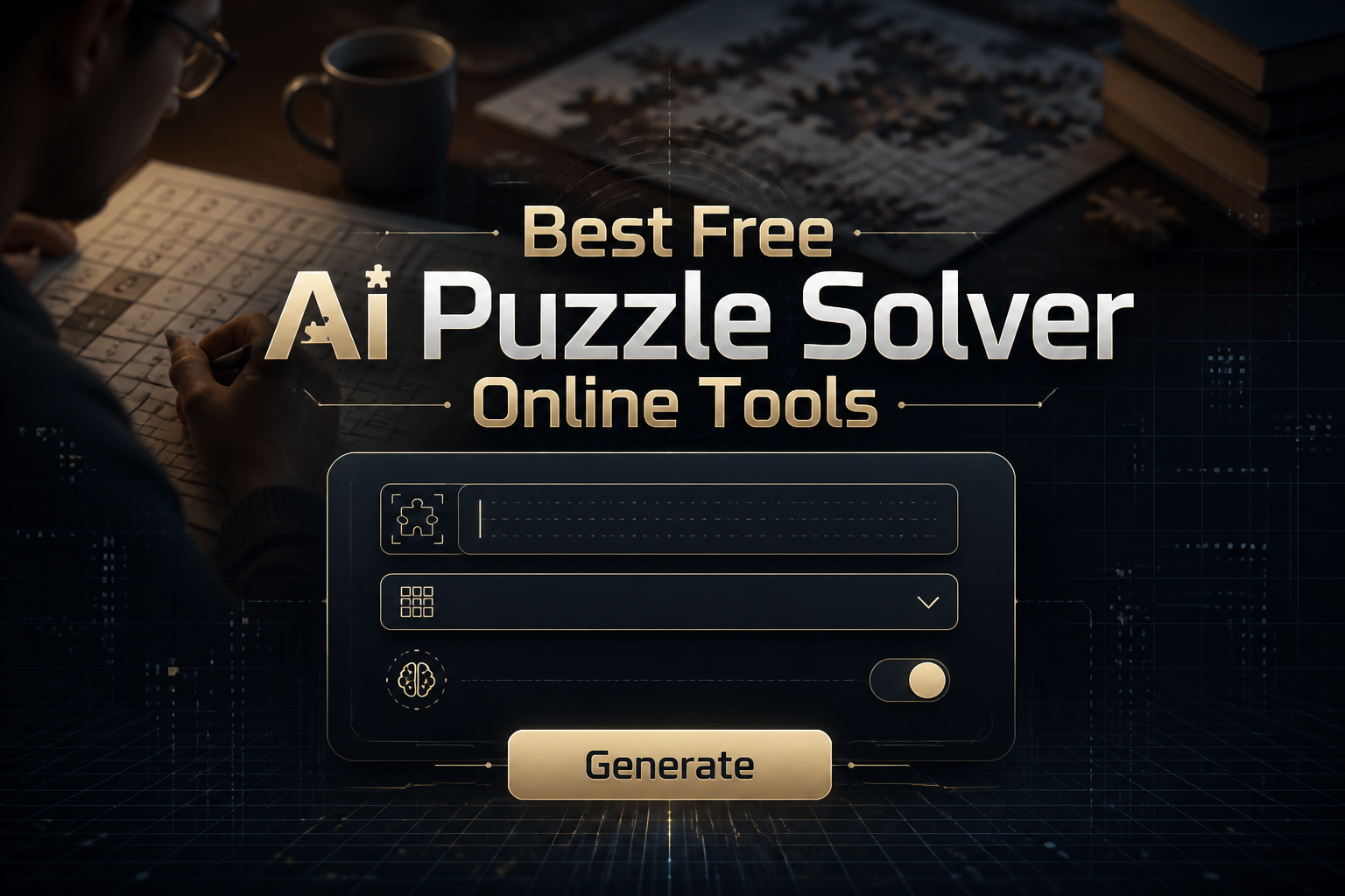 Centered hero image of a smart puzzle-solver UI with the title "Best Free Ai Puzzle Solver Online Tools," a puzzle input field, puzzle type dropdown, difficulty toggle, and Generate button over a dim desk scene with subtle grid lines and alignment arrows.