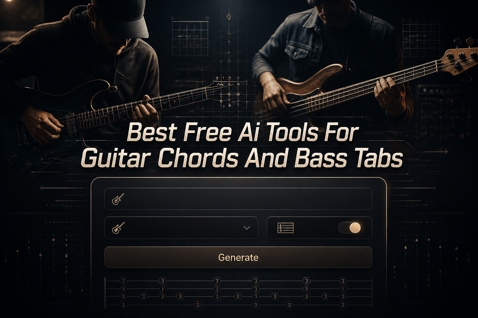 Centered hero image of a premium guitar chords and bass tabs AI tool with a song name input, instrument dropdown, tabs toggle, and Generate button over a guitarist and bass player backdrop, highlighting best free AI tools for guitar chords and bass tabs.