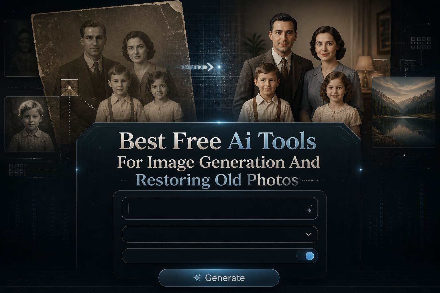Centered hero graphic with the title Best Free Ai Tools For Image Generation And Restoring Old Photos, showing a sleek AI tool panel with prompt field, restoration/generation dropdown, old photo enhancement toggle, and Generate button over a fading photo restore scene.