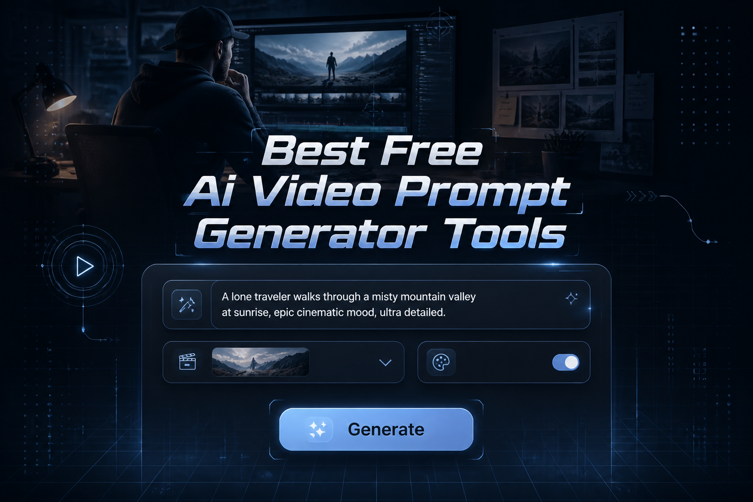 Centered hero graphic with the title Best Free Ai Video Prompt Generator Tools, a prompt field, video style dropdown, creative toggle, and Generate button in a sleek AI video prompt generator tool interface with a creator workflow background.