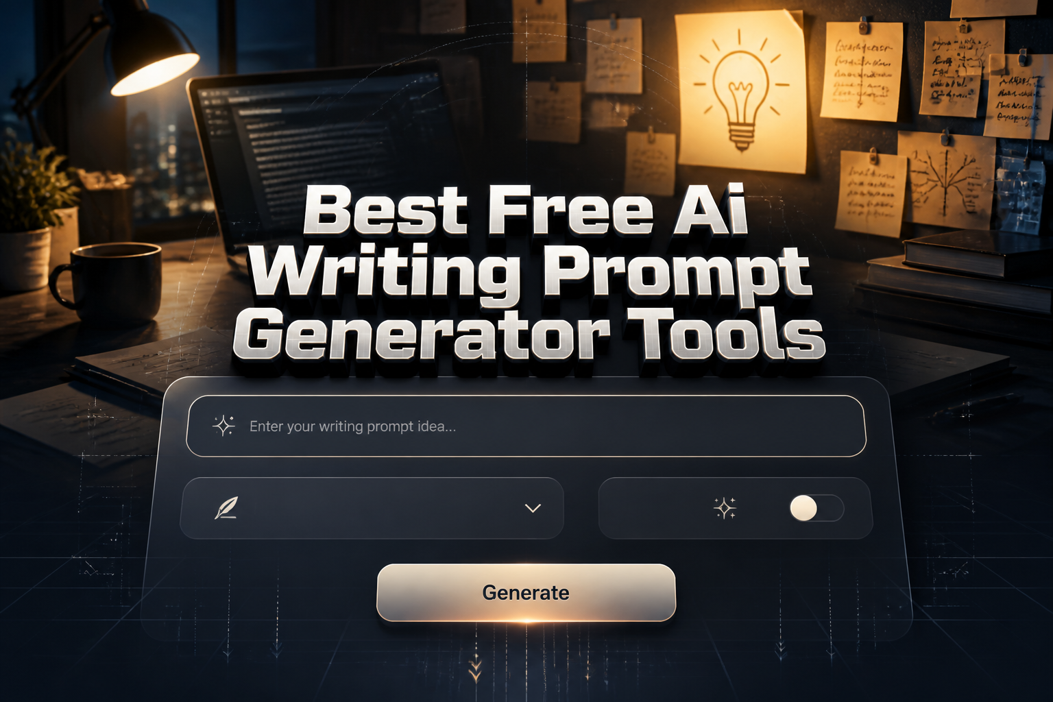 Featured hero image for a best free AI writing prompt generator tools page, showing a centered modern panel with a prompt input field, tone dropdown, prompt enhancement toggle, and Generate button over a writer's workspace with laptop and glowing idea notes.