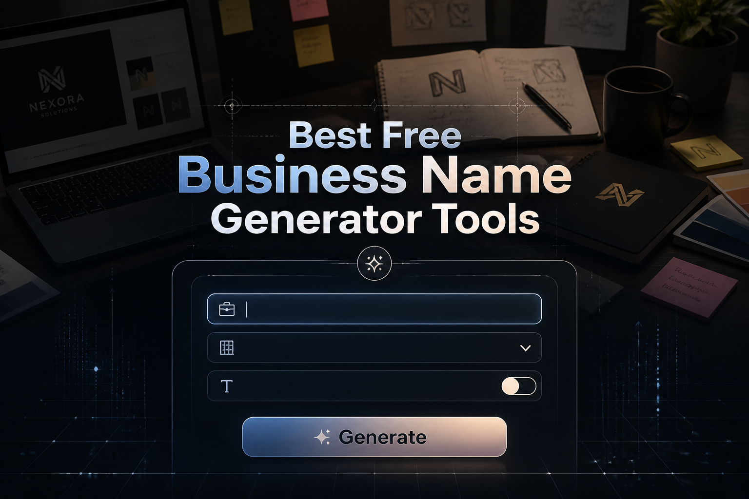Featured hero image of a business name generator tool with the title Best Free Business Name Generator Tools, showing a refined input field, industry dropdown, style toggle, and Generate button over a modern branding workspace for free business name generator tools and startup name ideas.