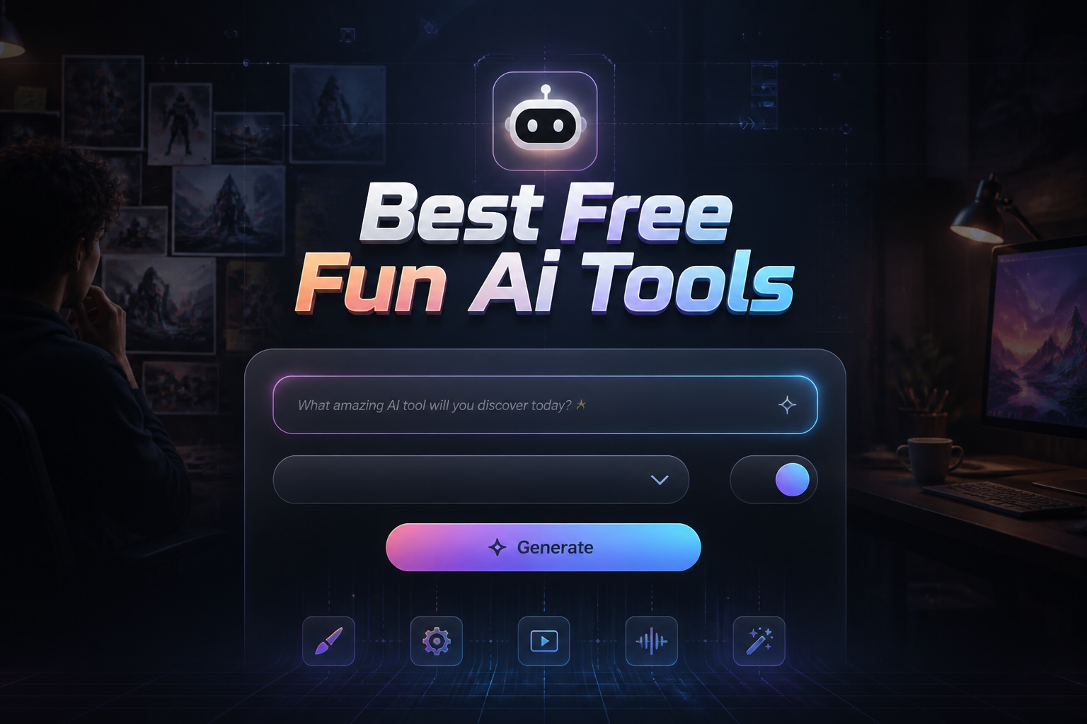 Centered featured hero graphic with the title Best Free Fun Ai Tools over a sleek AI discovery panel showing one prompt field, one dropdown, a small toggle, and a Generate button, ideal for free fun AI tools and AI tools discovery.