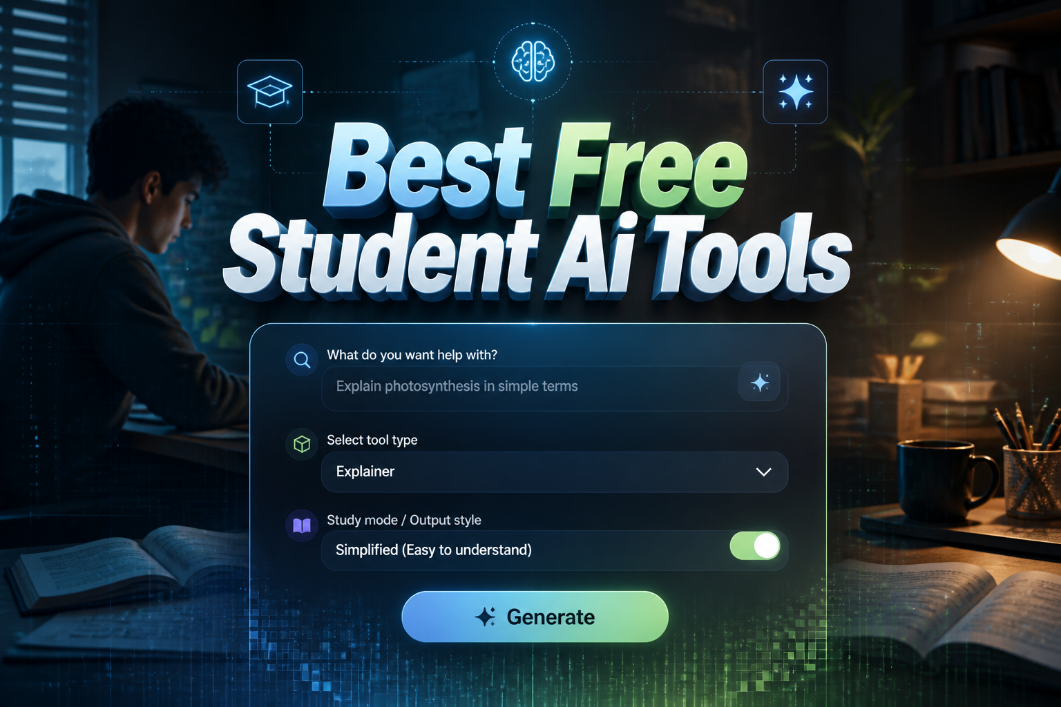 Hero graphic for Best Free Student Ai Tools showing a sleek student AI tool UI with a query input, tool-type dropdown, study mode toggle, and Generate button, set over a dark workspace background with subtle grid lines and premium high-contrast styling.