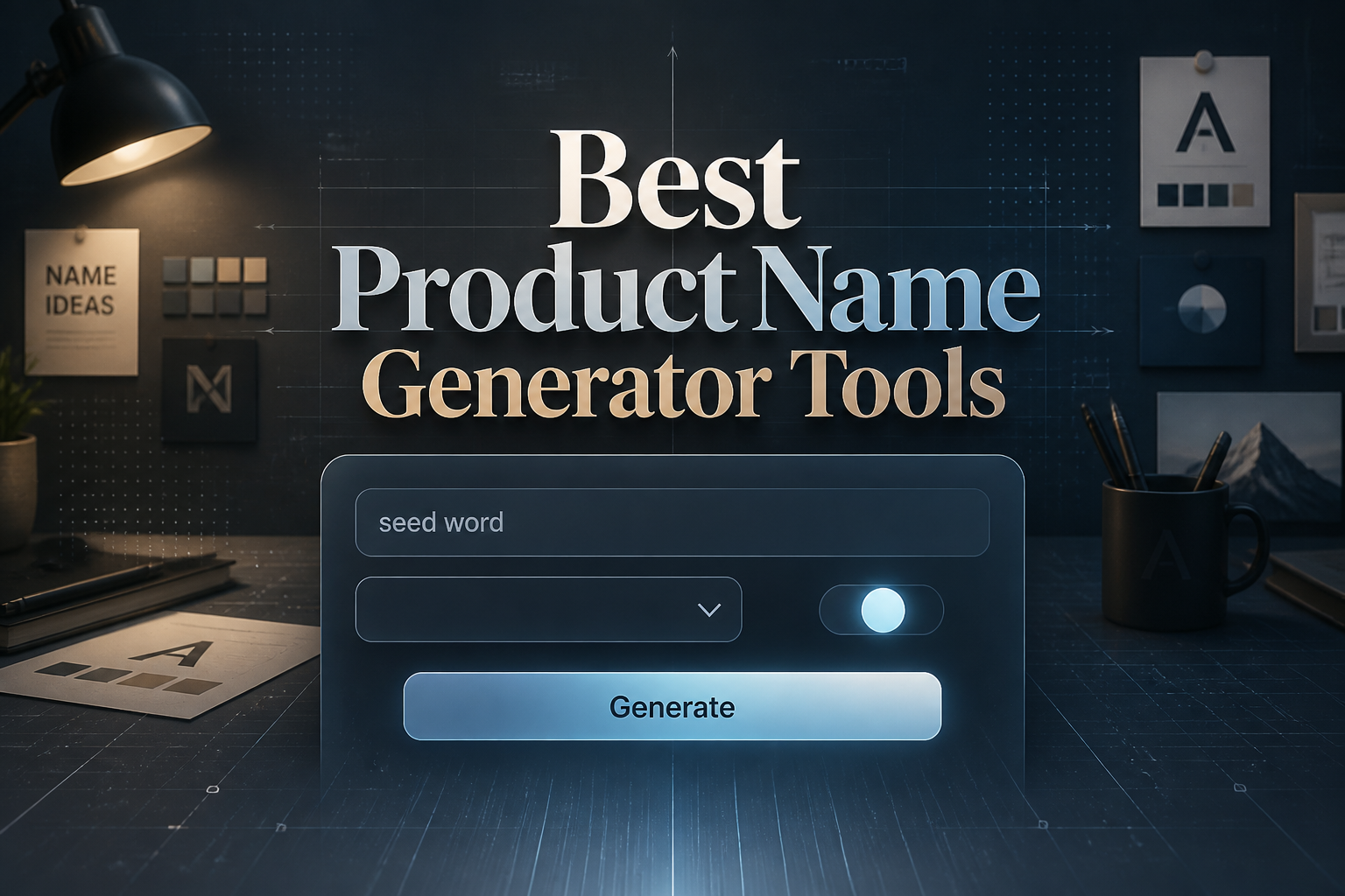 Centered on a sleek product naming tool panel, the image shows the title Best Product Name Generator Tools, a seed word input, a style dropdown, a creativity toggle, and a Generate button, with a premium branding workspace background.