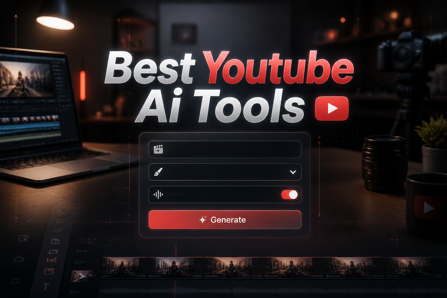 Centered hero graphic for Best Youtube Ai Tools with a refined creator-tool panel, video topic input, content style dropdown, AI voice or subtitle toggle, and Generate button over a polished video creator workspace scene.