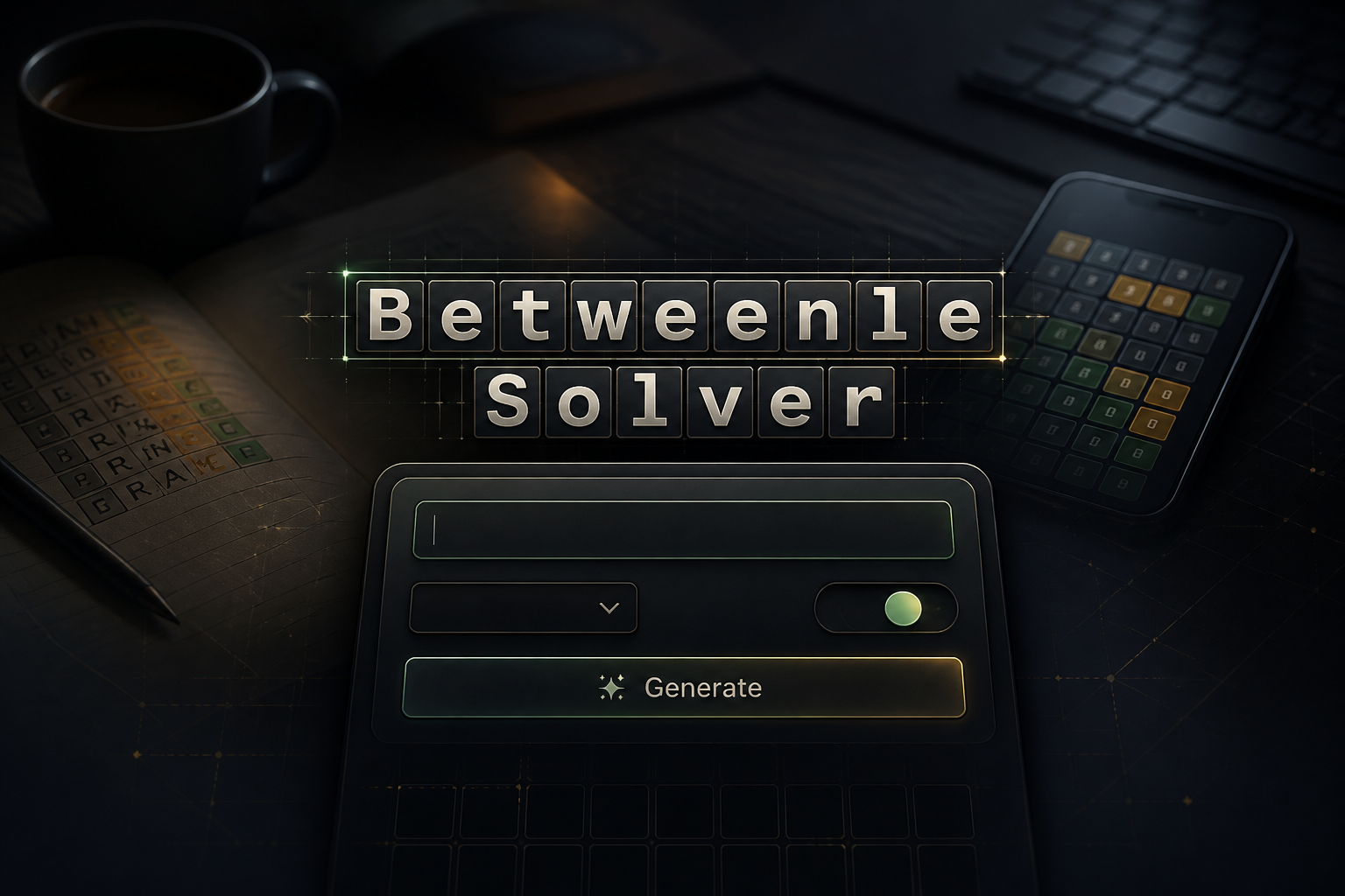 Centered hero graphic for Betweenle Solver with a soft-shadow title, a single guess input field, compact mode dropdown, hint color toggle, and Generate button, set over a premium word puzzle solver interface with faint grid lines and arrows.