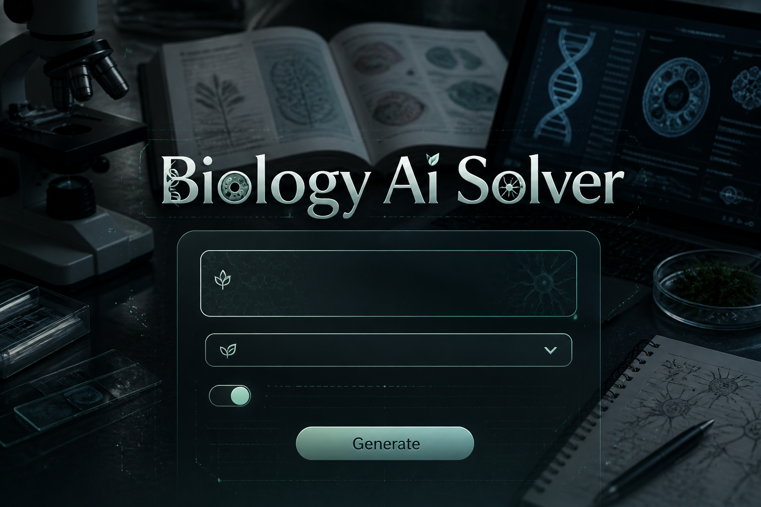 Centered hero graphic of a Biology Ai Solver interface with a biology problem input, topic dropdown, analysis toggle, and Generate button over a student lab desk scene with microscope and slides, ideal for biology homework AI solver use.