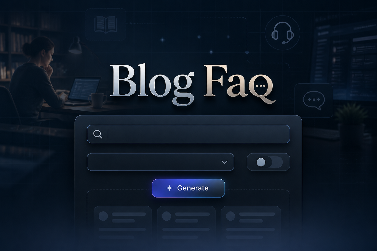 Centered premium blog FAQ hero image with the title Blog Faq, a prominent ask a question search field, a clean dropdown, a small toggle, and a Generate button, set over a sleek support knowledge base UI with faint grid details.