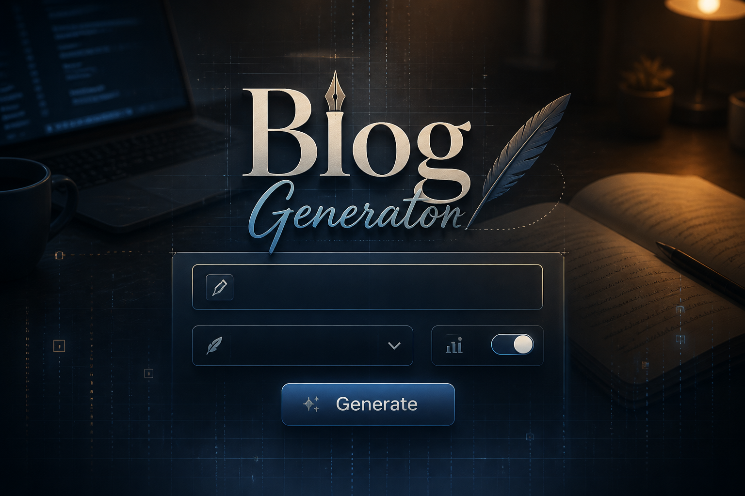 Centered hero graphic for a blog generator tool showing the title Blog Generator over a sleek UI panel with a blog topic input, tone dropdown, SEO focus toggle, and Generate button, in a polished blog content generator interface.