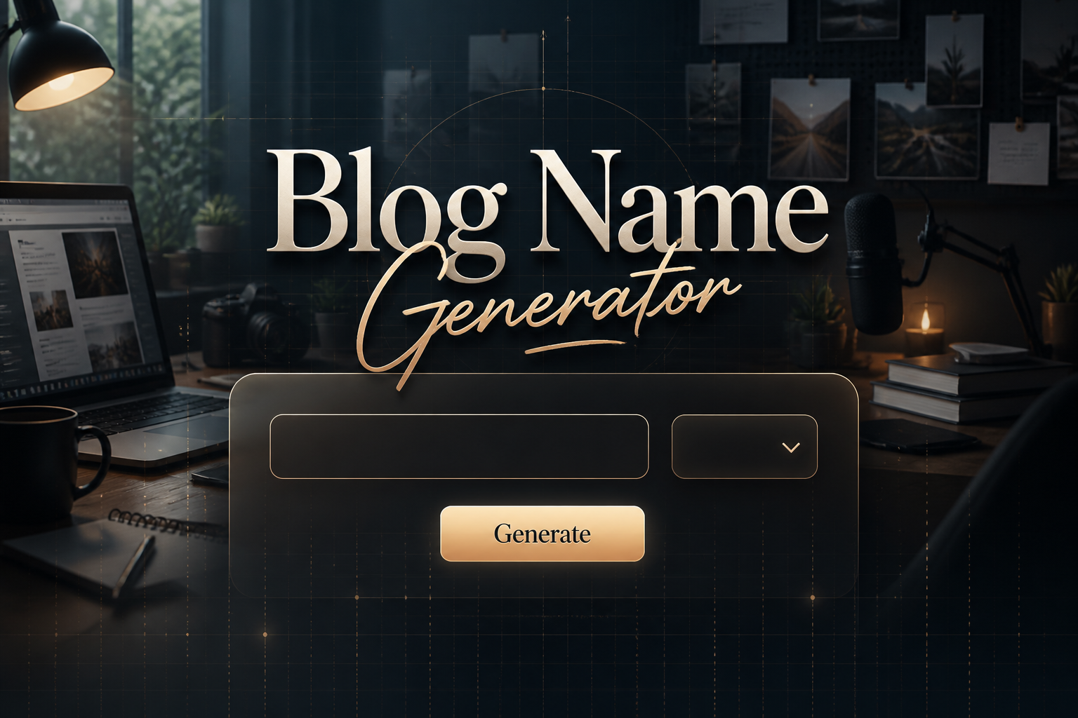 A premium hero image shows "Blog Name Generator" above a sleek panel with a blog topic input, tone dropdown, and Generate button, over a modern creator workspace with subtle grid lines and polished UI accents.