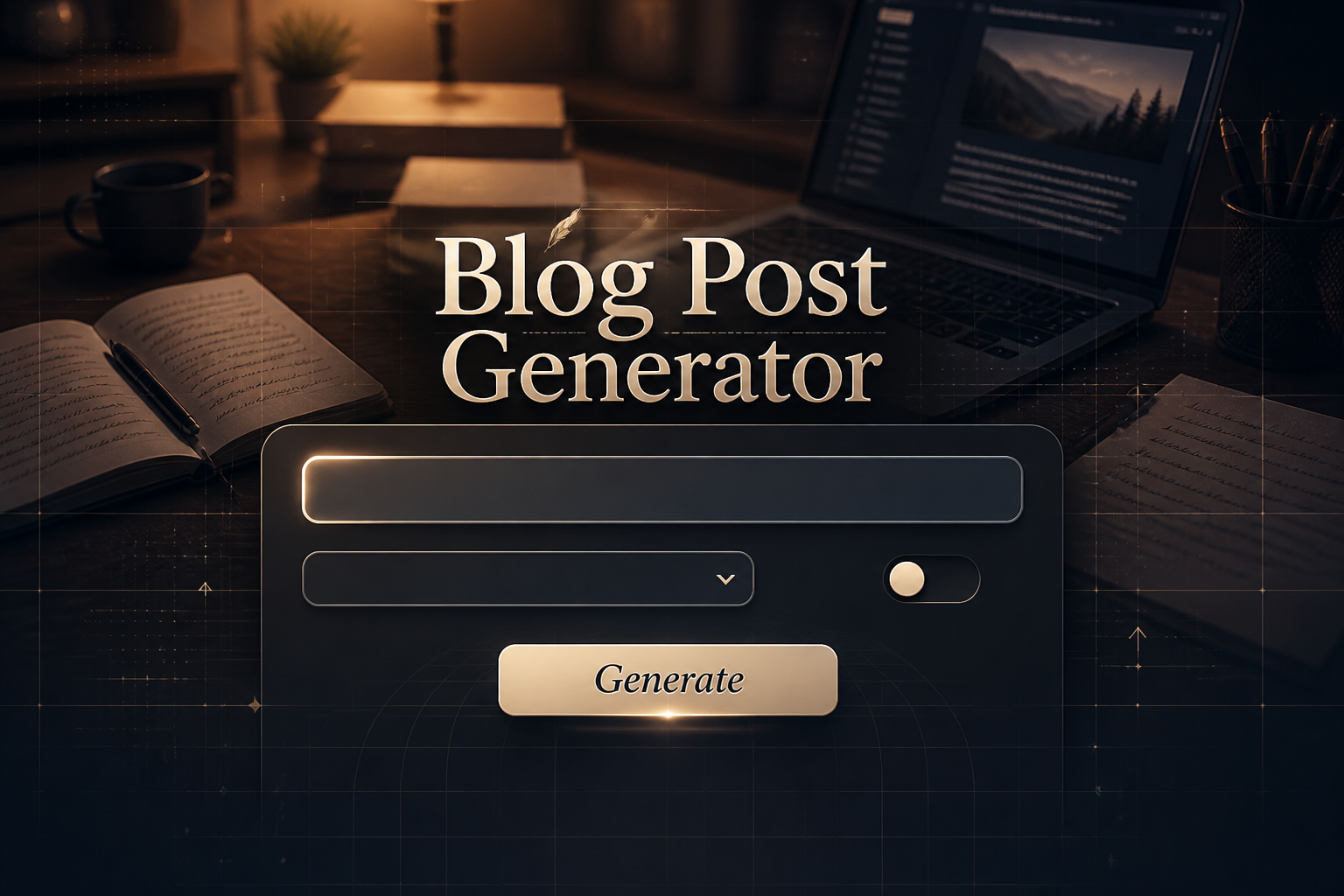 Featured hero graphic for a blog post generator tool showing the title Blog Post Generator in a sleek UI panel with a topic field, tone dropdown, SEO toggle, and Generate button over a writer's desk scene, ideal for blog post generator software and AI blog post generator.