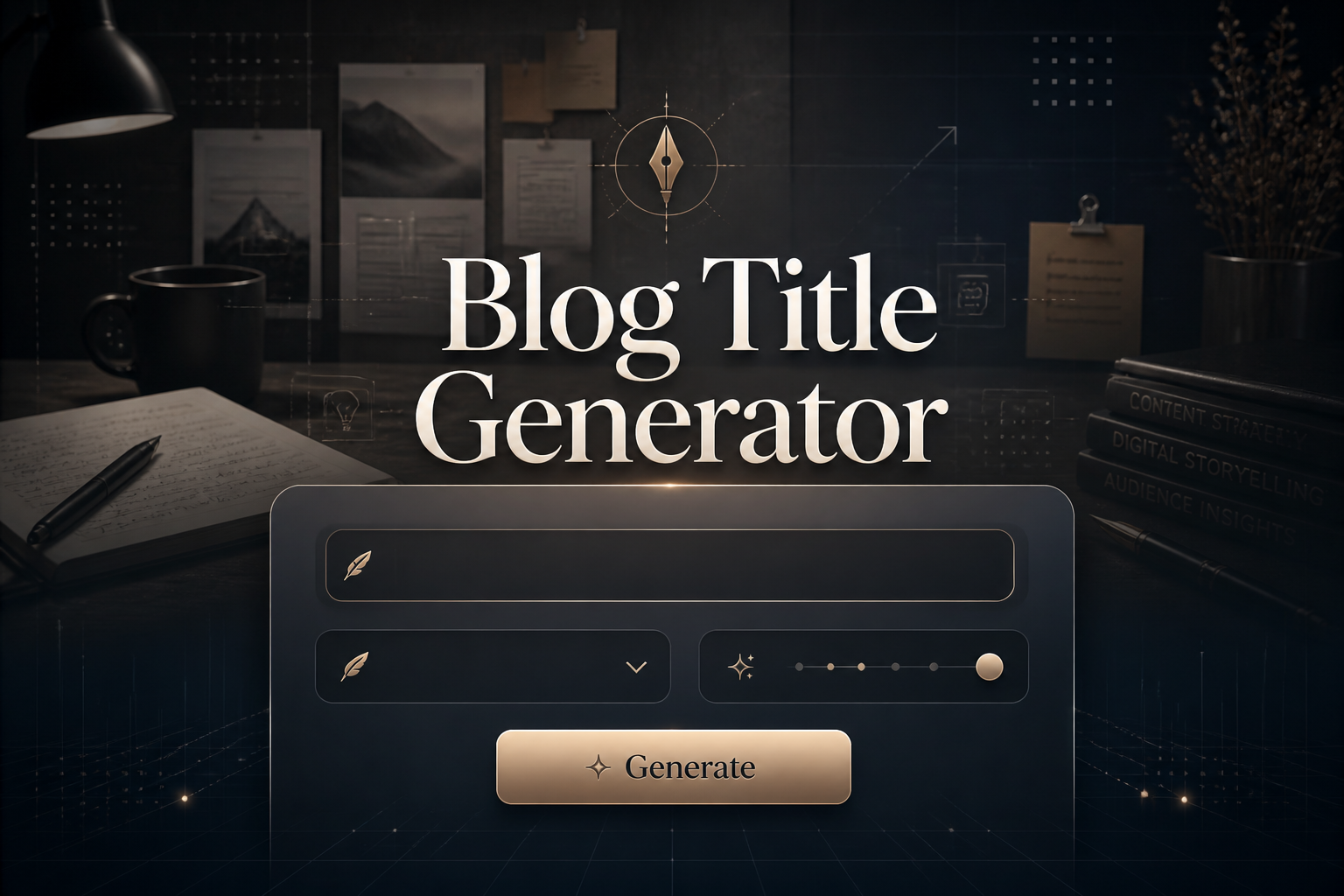 Centered hero graphic for a blog title generator tool with elegant "Blog Title Generator" text, a topic input field, tone dropdown, creativity toggle, and Generate button, set over a sleek content strategy workspace background.
