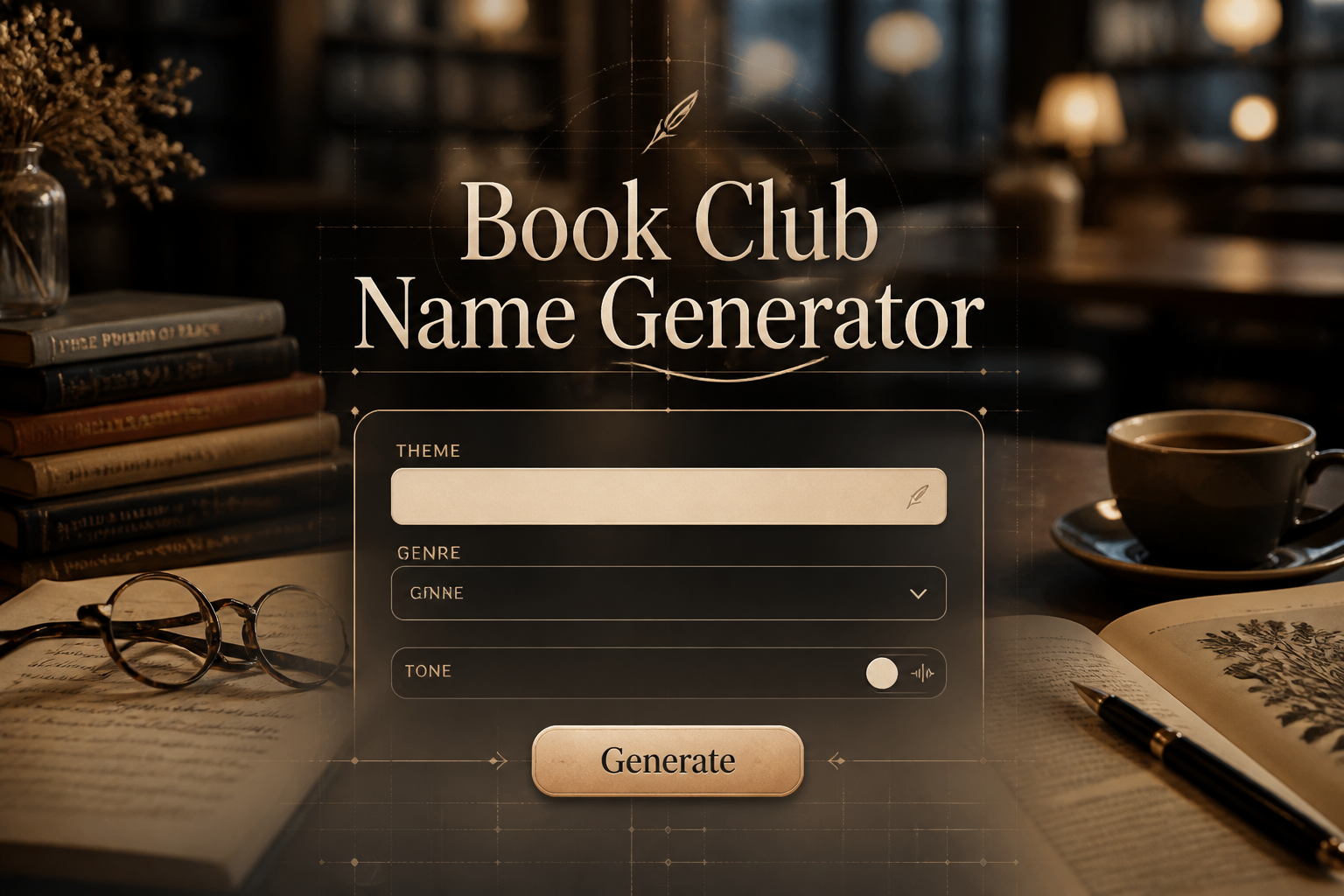 Centered hero image of a Book Club Name Generator UI over cozy books and a warm cafe table, with theme input, genre dropdown, tone toggle, and Generate button in a polished book club name generator layout.