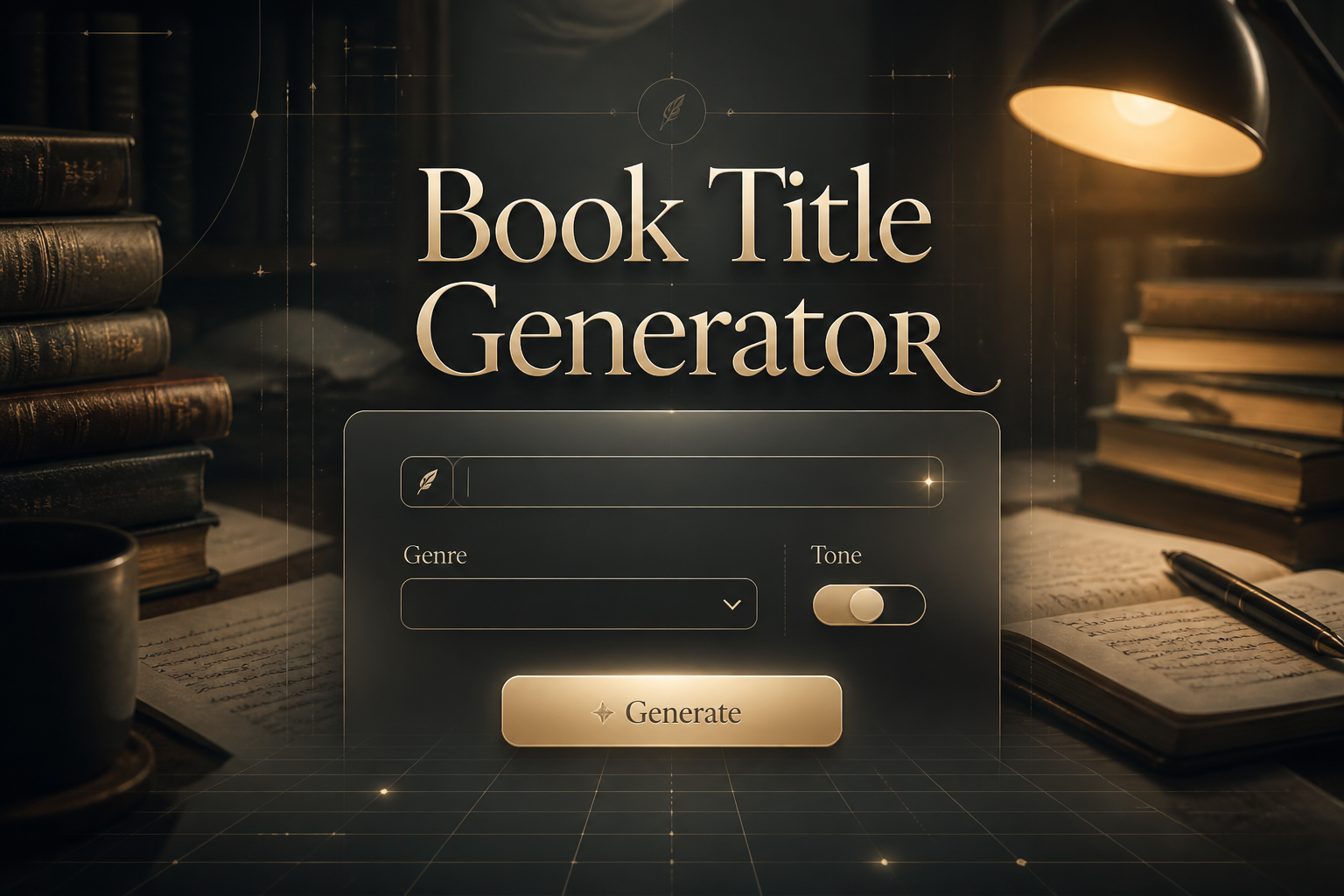 Centered hero image for a book title generator showing the title Book Title Generator above a polished UI with a topic input, genre dropdown, tone toggle, and Generate button, styled with a book title generator tool aesthetic and author desk background.