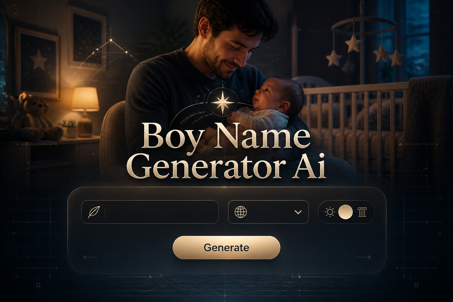 Featured hero image for Boy Name Generator Ai showing a polished UI panel over a baby nursery scene, with a name style or starting letter field, origin dropdown, modern-versus-classic toggle, and Generate button, ideal for an AI boy name generator tool.