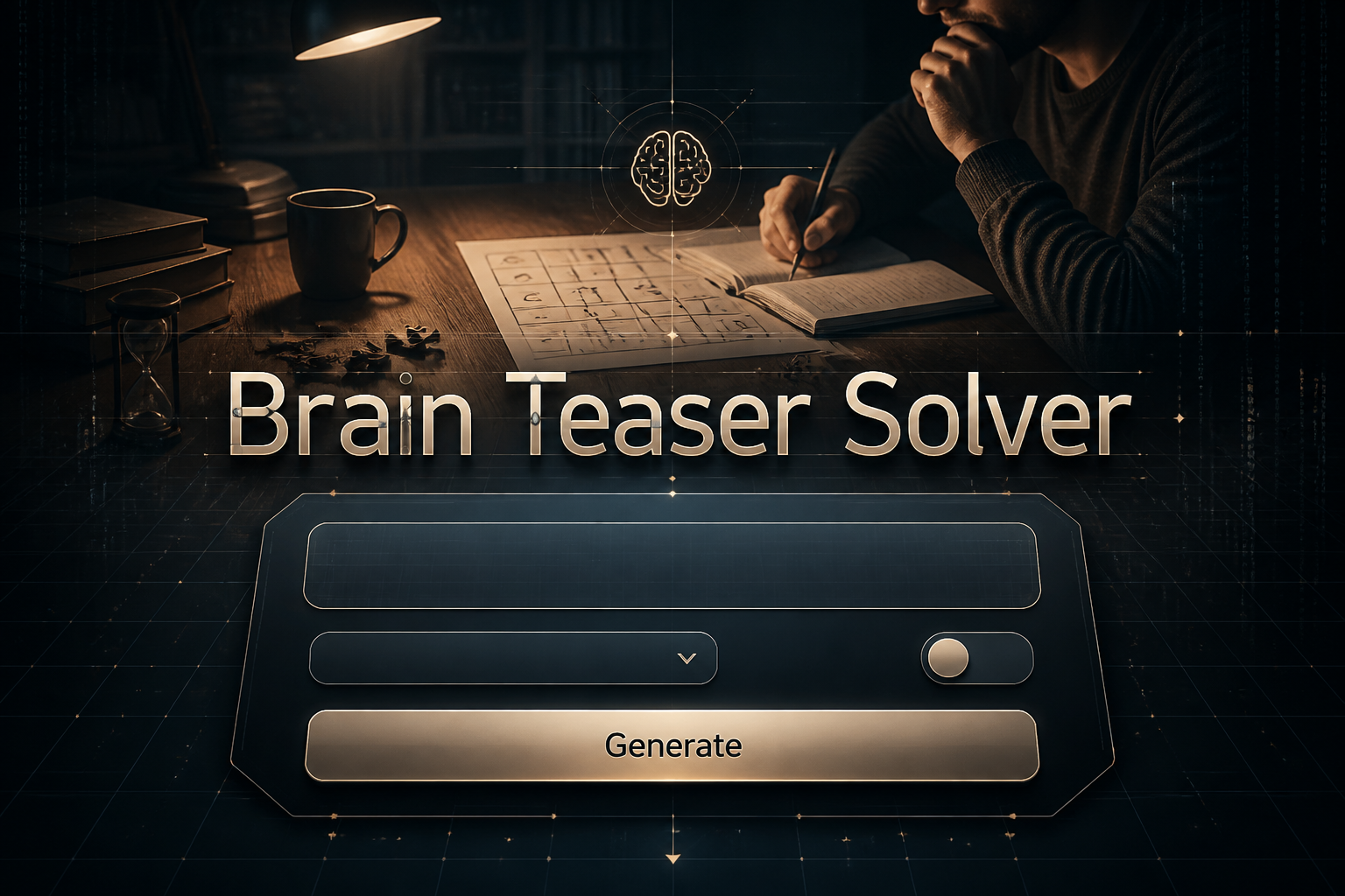 Centered hero image for Brain Teaser Solver with a soft-shadow title, puzzle clue input, blank dropdown and toggle, Generate button, and a realistic desk puzzle scene with subtle grid lines for a brain teaser solver tool.