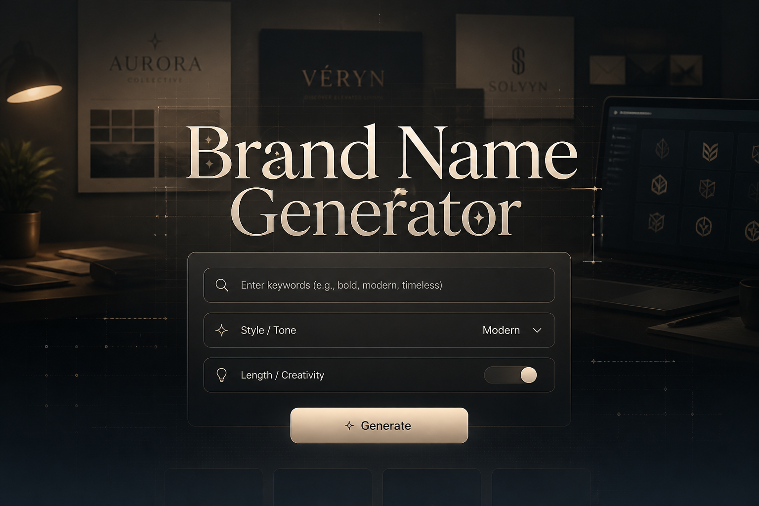 Centered hero graphic for a brand name generator tool with elegant "Brand Name Generator" text, a keyword input, style dropdown, creativity toggle, and Generate button over a premium branding workspace UI with subtle grid lines and modern dark-light contrast.