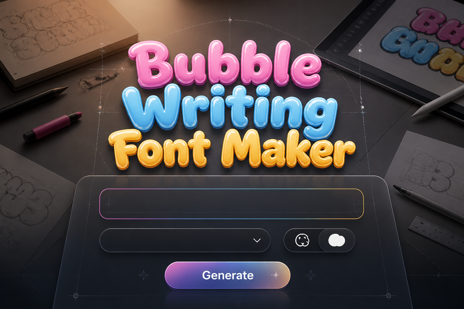 Centered hero image of a bubble writing font maker UI with "Bubble Writing Font Maker," one bubble text input, bubble style dropdown, outline/fill toggle, and a Generate button over a polished lettering workspace with paper, tablets, and tools.