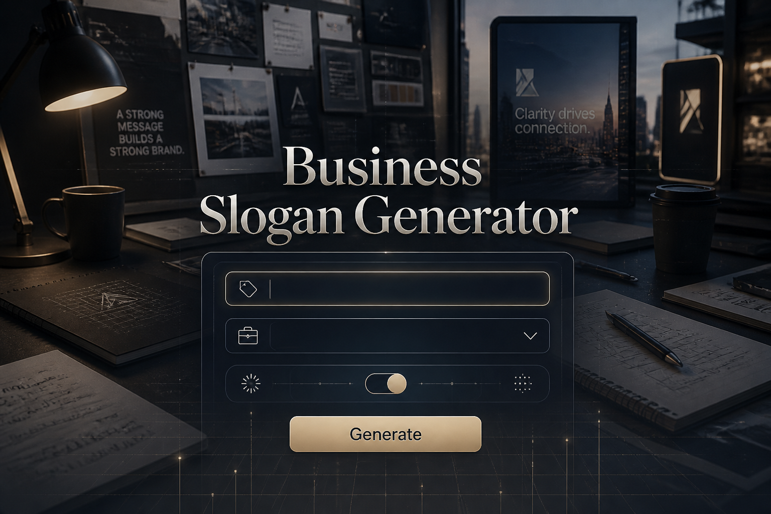 Hero image for a Business Slogan Generator tool showing a sleek centered UI panel with brand name input, industry dropdown, tone toggle, and Generate button over a creative branding workspace, ideal for an AI business slogan maker and slogan creation tool.