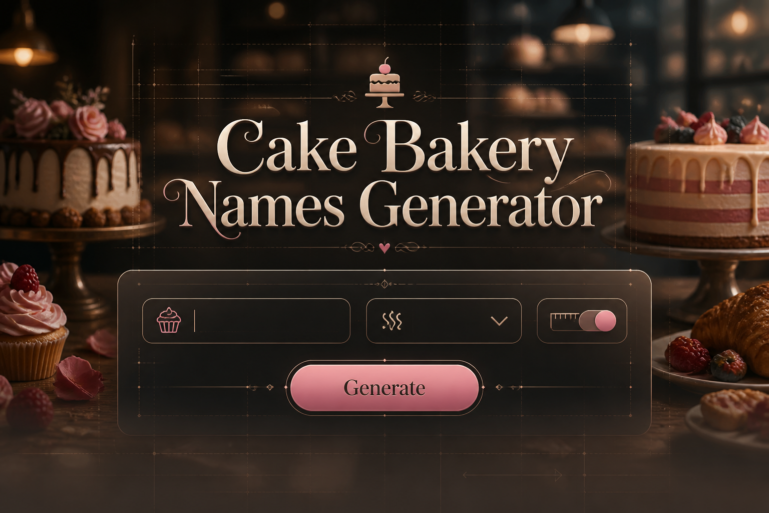 Centered premium UI hero for a cake bakery names generator with a bakery style input, vibe dropdown, name length toggle, and Generate button over a fading bakery scene with cakes and pastries, ideal for bakery business name ideas.