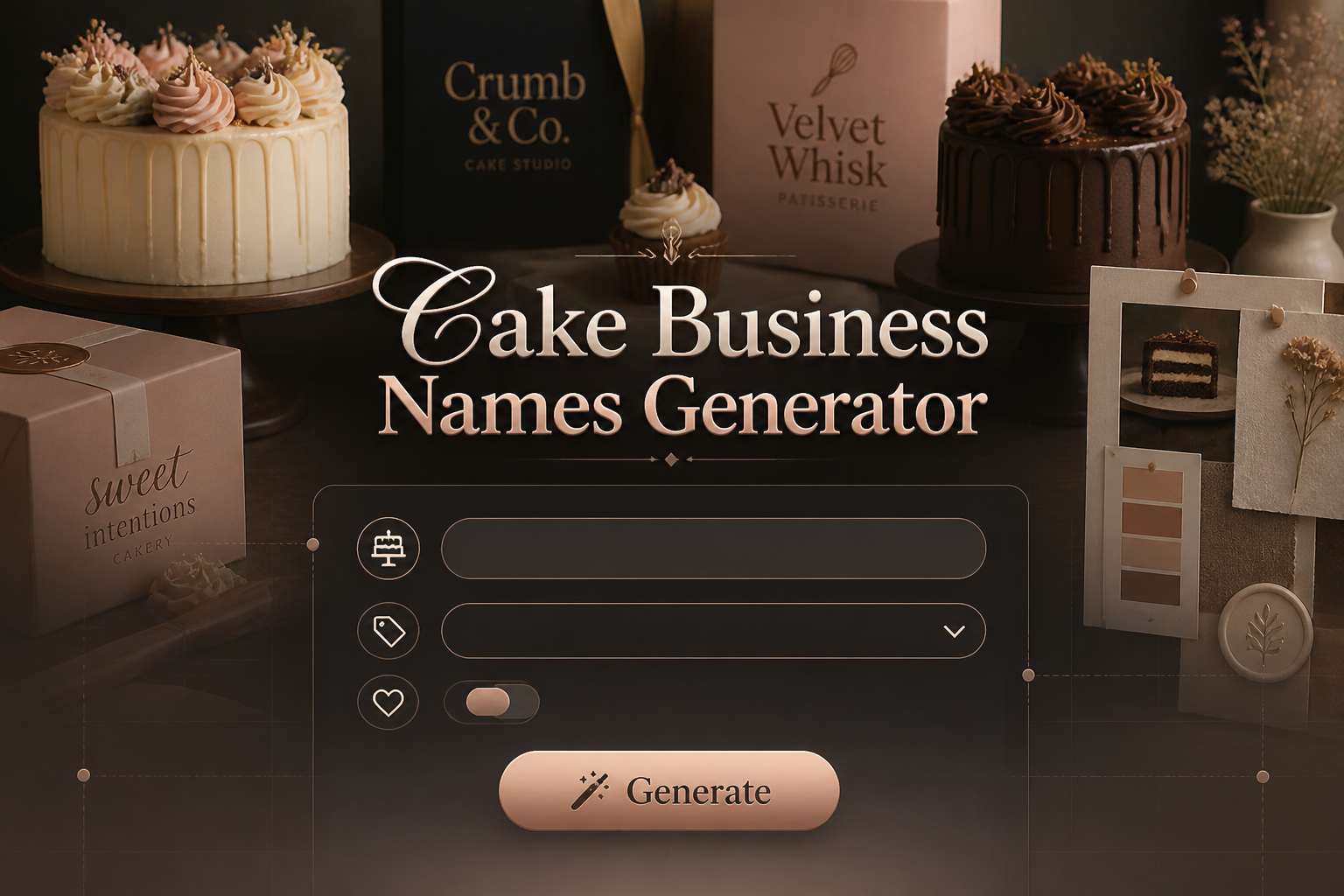 Centered premium hero graphic with the title Cake Business Names Generator over a sleek interface showing a cake business style input, name tone dropdown, brand vibe toggle, and Generate button, with bakery branding moodboard accents in the background.