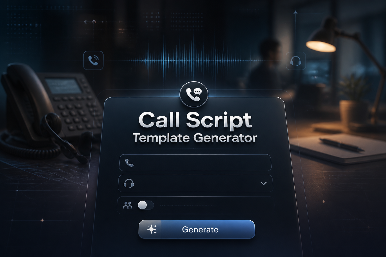 Centered hero graphic for a call script template generator with a smart UI panel showing call type, tone, follow-up included, and a Generate button over a polished phone call workspace background with subtle grid elements.