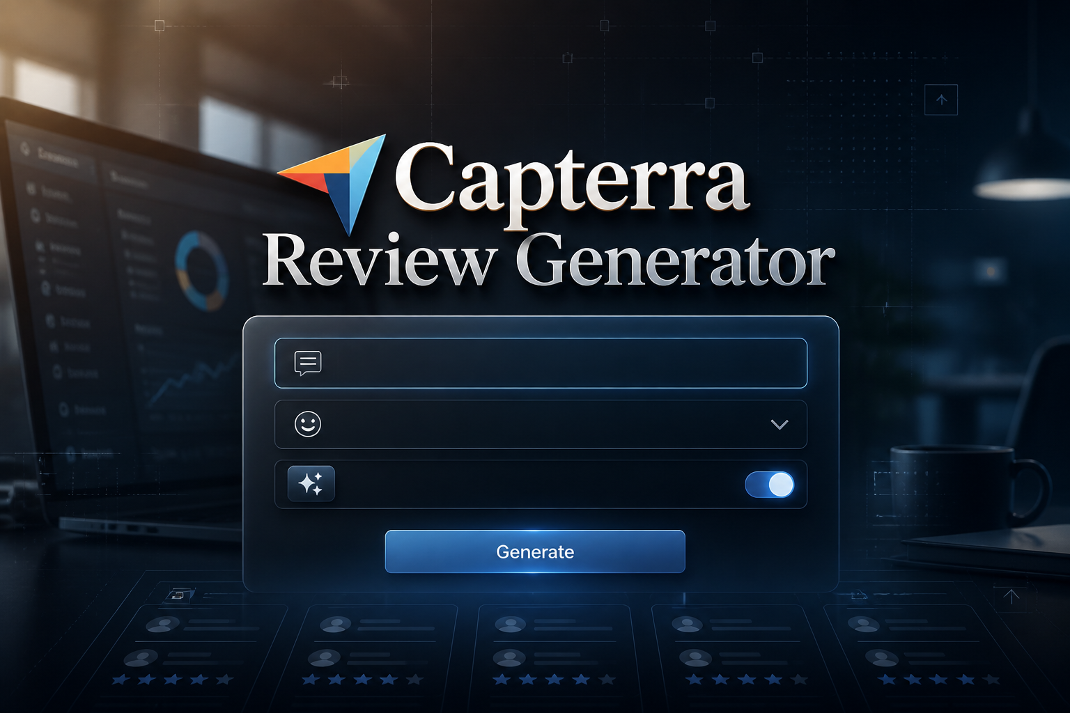Centered premium hero graphic with the title Capterra Review Generator, a review topic input, review tone dropdown, AI enhancement toggle, and Generate button, styled as a Capterra review generator and AI review generator tool.