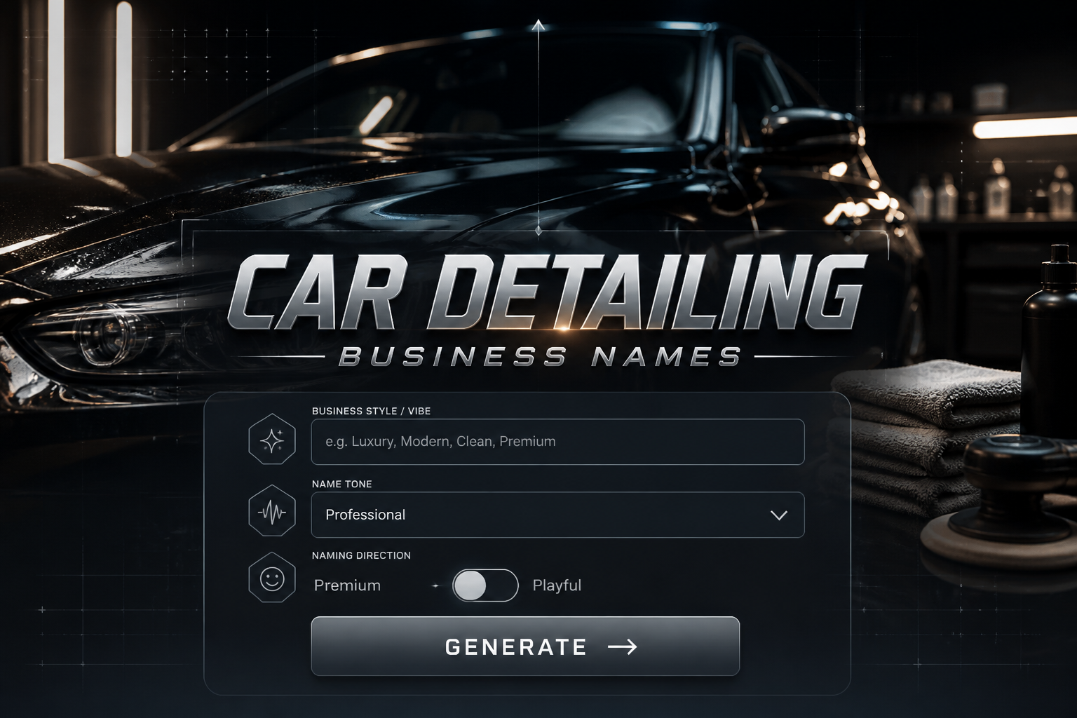 Centered hero image for a car detailing business names tool, with a sleek UI panel, business style input, tone dropdown, premium/playful toggle, and Generate button over a glossy car detailing scene with microfiber towels and polish reflections.
