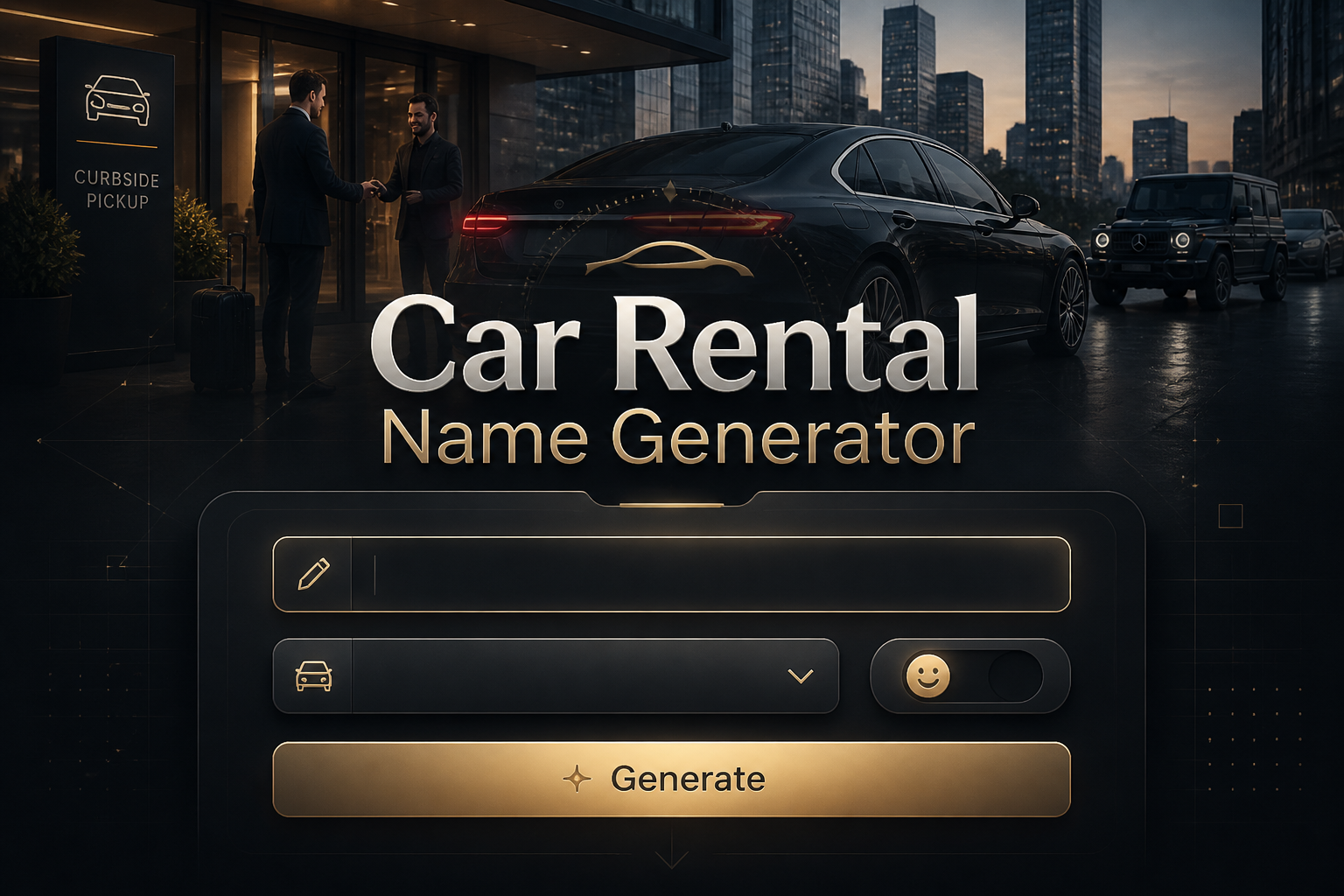 Centered hero graphic for a car rental name generator with a premium UI panel, one brand idea input, vehicle style dropdown, tone toggle, and Generate button over a sleek city curbside rental car scene.