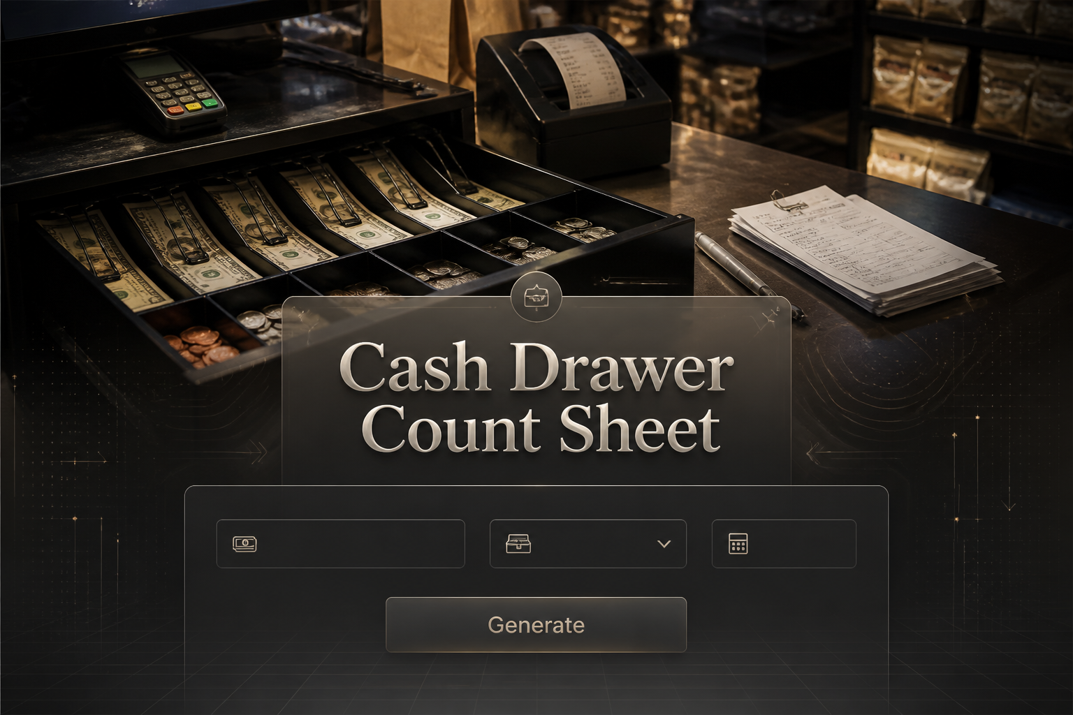 Featured hero image of a cash drawer count sheet tool with centered panel controls for starting cash, drawer, count, and a Generate button over a retail checkout counter scene with cash drawer and receipts, styled as a cash register reconciliation template.