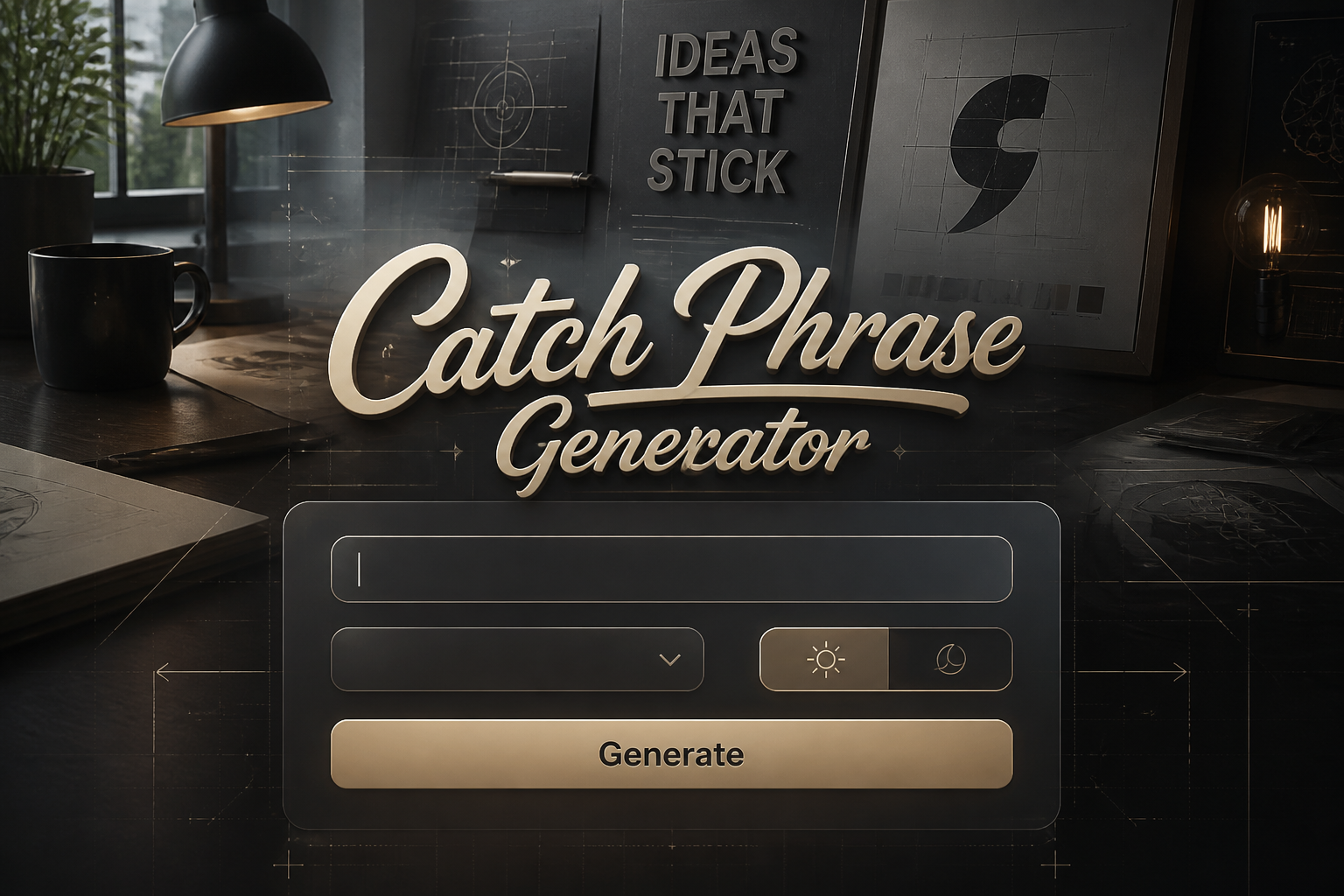 A polished hero image shows the text Catch Phrase Generator over a sleek UI panel with one input field, a blank dropdown, a tone toggle, and a Generate button, set in a creative branding workspace for a catch phrase generator tool.