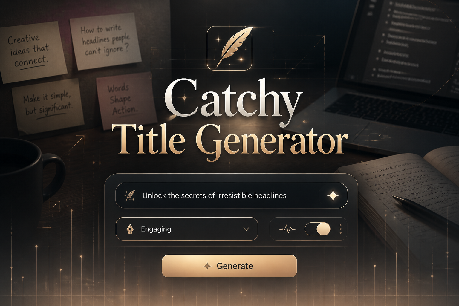 Centered hero graphic for a catchy title generator with the text Catchy Title Generator, a sample prompt field, title style dropdown, tone toggle, and Generate button over a polished writing workspace, ideal for catchy title generator tool visuals.