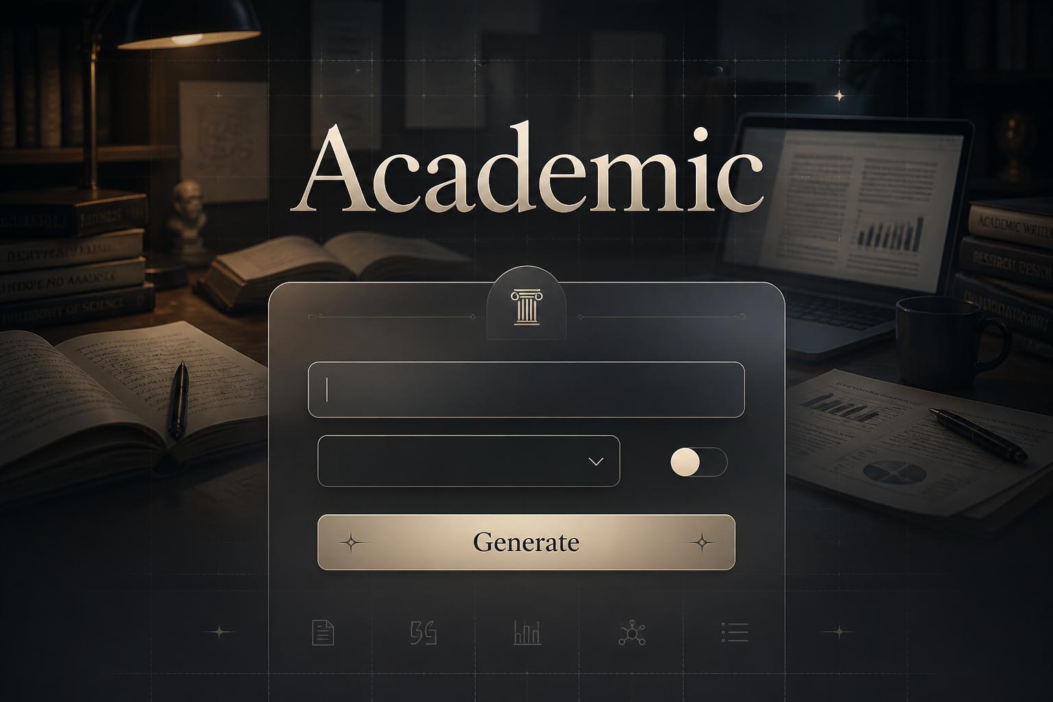 Centered hero graphic for an academic tool with the word Academic, a topic input, minimal dropdown, compact toggle, and Generate button, set over a scholar workspace with books, notes, laptop, and subtle grid lines for academic research workflow.
