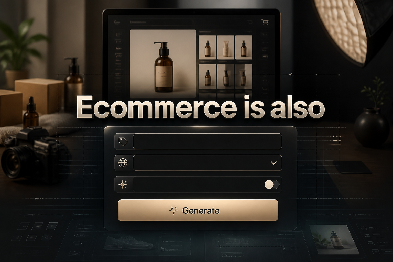 Centered ecommerce hero UI with the phrase Ecommerce is also in bold black shadow, a product name field, marketplace dropdown, auto optimize toggle, and Generate button over a polished ecommerce product optimization tool scene.