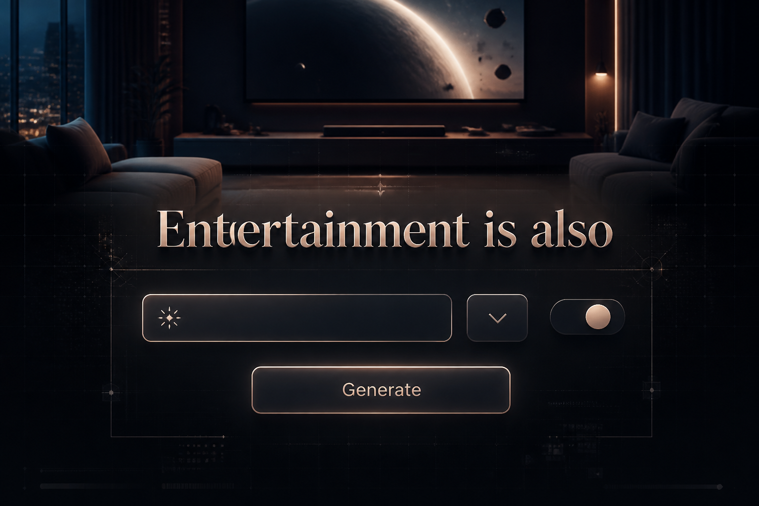 Centered premium entertainment tool hero image with the text "Entertainment is also," a mood input field, minimal dropdown, toggle switch, and Generate button over a sleek polished UI with subtle grid lines and a real-life entertainment use case background.