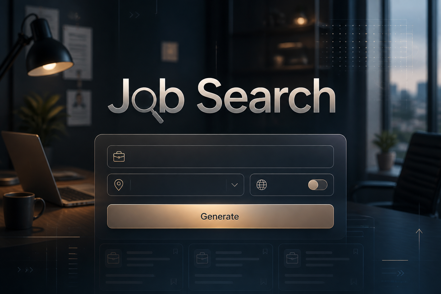 Centered featured hero image for a job search tool showing "Job Search" over a sleek UI panel with job title input, location dropdown, remote toggle, and Generate button, set against a recruiter-style workspace with polished shadows and grid accents.