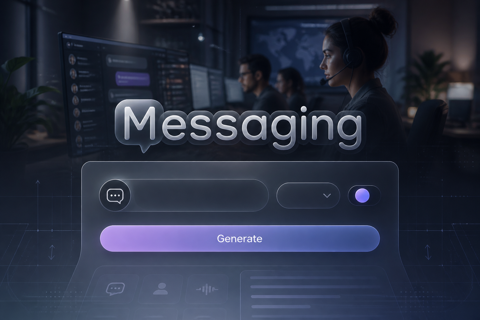 Centered hero UI for Messaging shows a polished chat tool panel with a message input, blank dropdown, small toggle, and Generate button over a blurred team chat workspace, ideal for messaging app interface design and customer support messaging workflow.