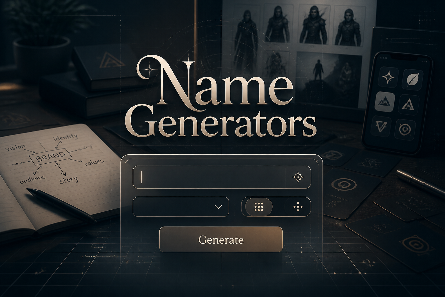 Featured hero image for a name generators tool with the title Name Generators, a central name idea input, dropdown selector, category toggle, and Generate button, styled as a polished name generator for brand and character naming.