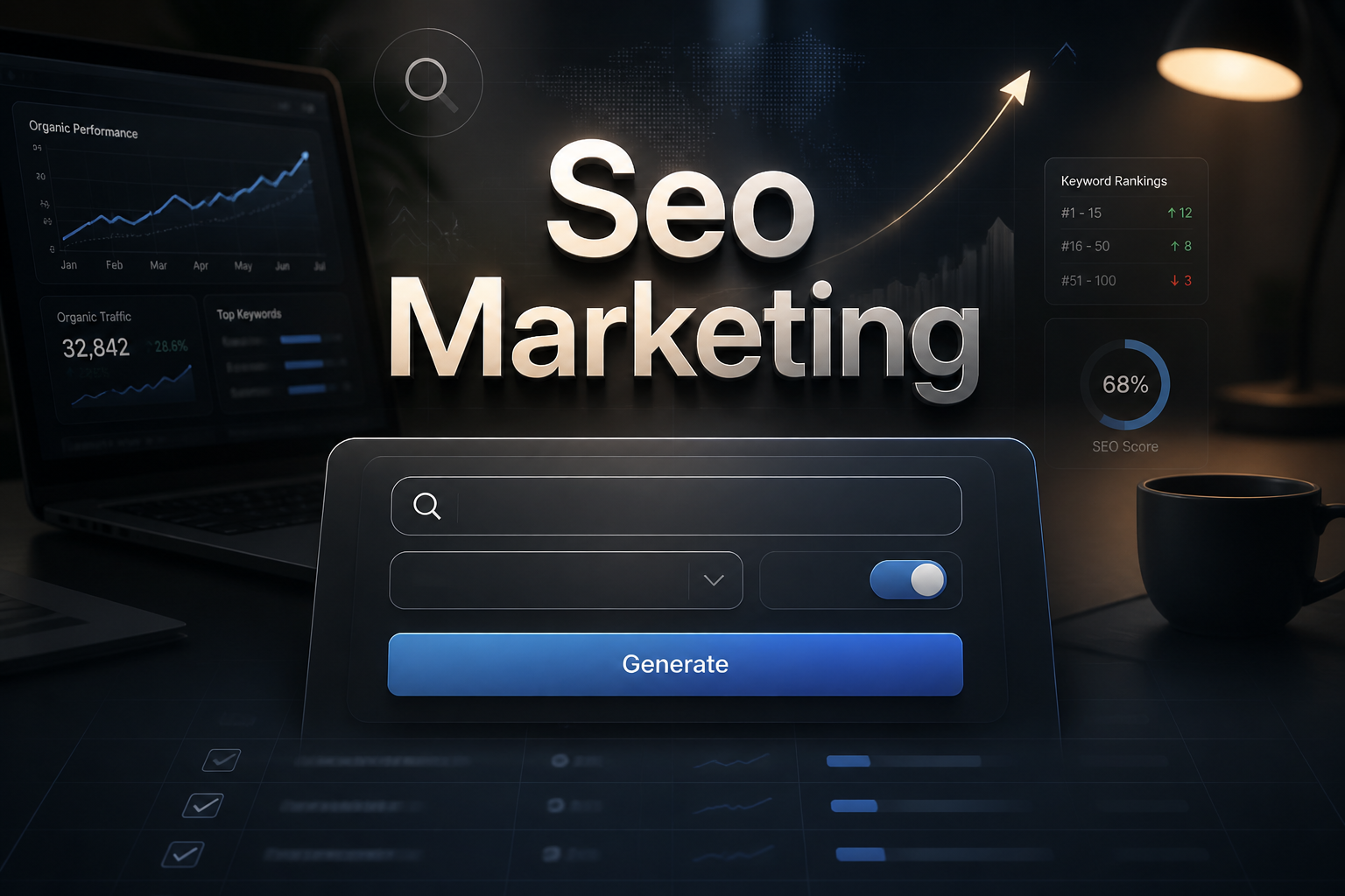 Centered premium SEO marketing hero image with "Seo Marketing" text, a keyword input, clean dropdown, toggle, and Generate button in a polished analytics UI, ideal for seo marketing tool and search engine optimization dashboard visuals