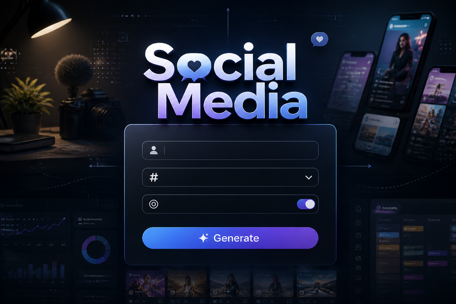 Centered hero graphic for a social media tool with the title Social Media in soft shadow, a premium UI panel showing a social handle field, platform dropdown, campaign toggle, and Generate button, plus creator workspace background and content previews.