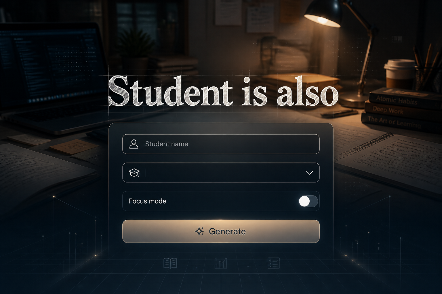 Centered hero graphic for a student tool with the text Student is also, a Student name input, clean dropdown, Focus mode toggle, and Generate button over a sleek smart UI panel fading into a real study desk scene with books, laptop, and lamp.