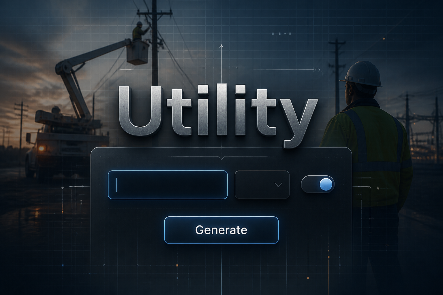 Centered hero graphic with the word Utility in a sleek shadowed utility-style font above a refined interface panel featuring one value input, a compact unlabeled dropdown, a small toggle, and a Generate button, with subtle utility tool UI design and a fading real-life work scene in the background.