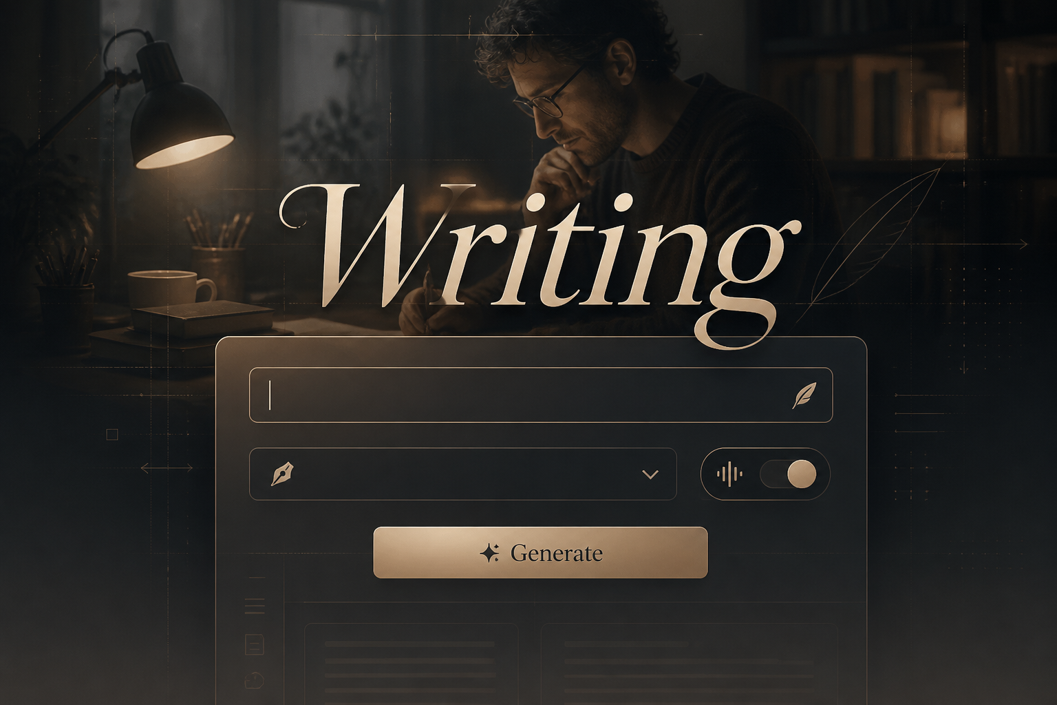 Centered hero graphic for writing tool with the word Writing in elegant shadowed lettering, a refined editor panel with draft title input, writing style dropdown, tone toggle and Generate button, plus a focused writer at desk in a premium writing workspace.