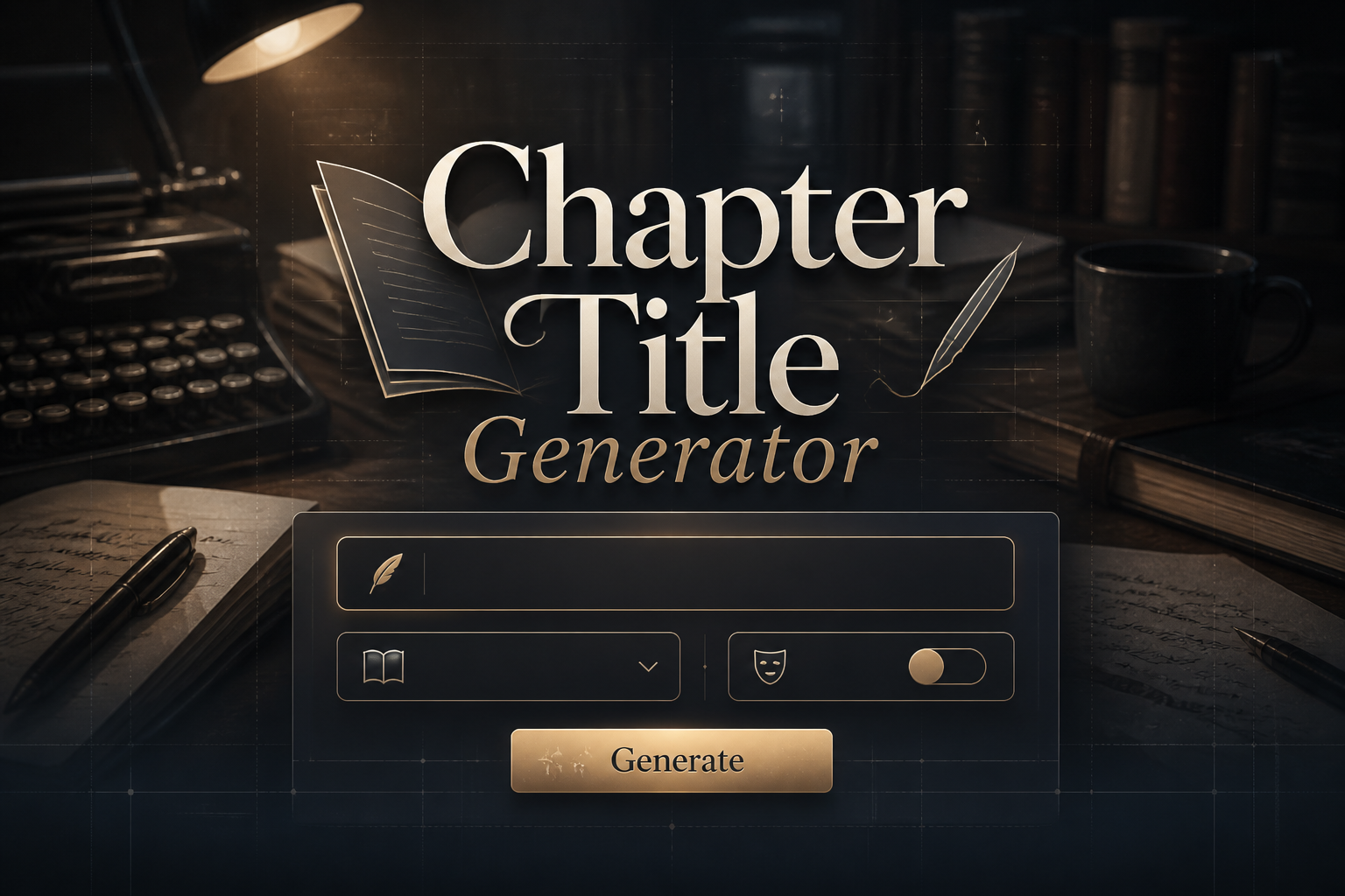 Centered premium hero graphic for a chapter title generator, with the title Chapter Title Generator in soft shadow, a chapter topic input, genre dropdown, tone toggle, and Generate button over a sleek writing-workspace UI background.