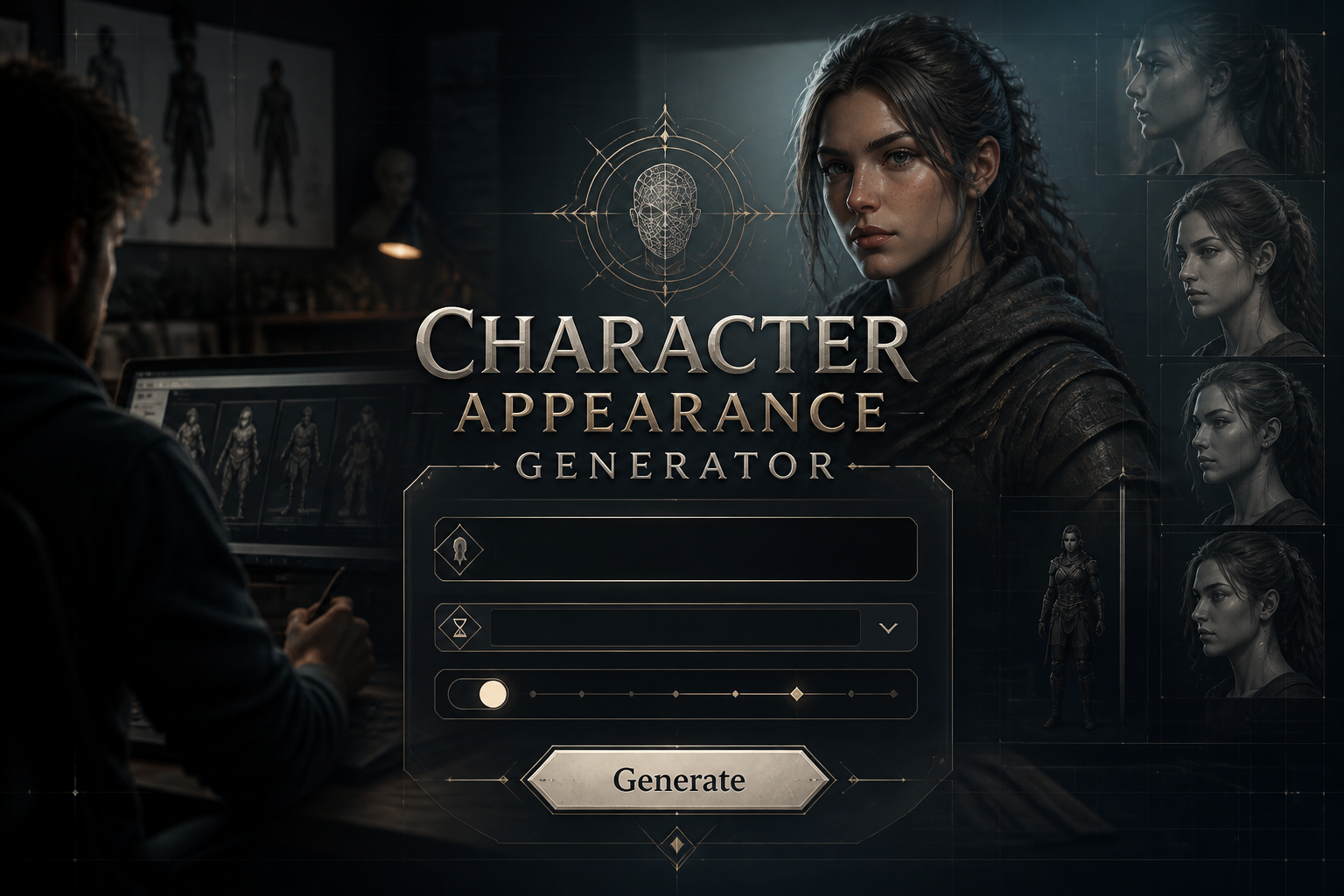 A sleek hero UI for a Character Appearance Generator shows the title text, a traits input field, style or age dropdown, realism toggle, and Generate button, with a creator concept scene and subtle grid markers in the background.