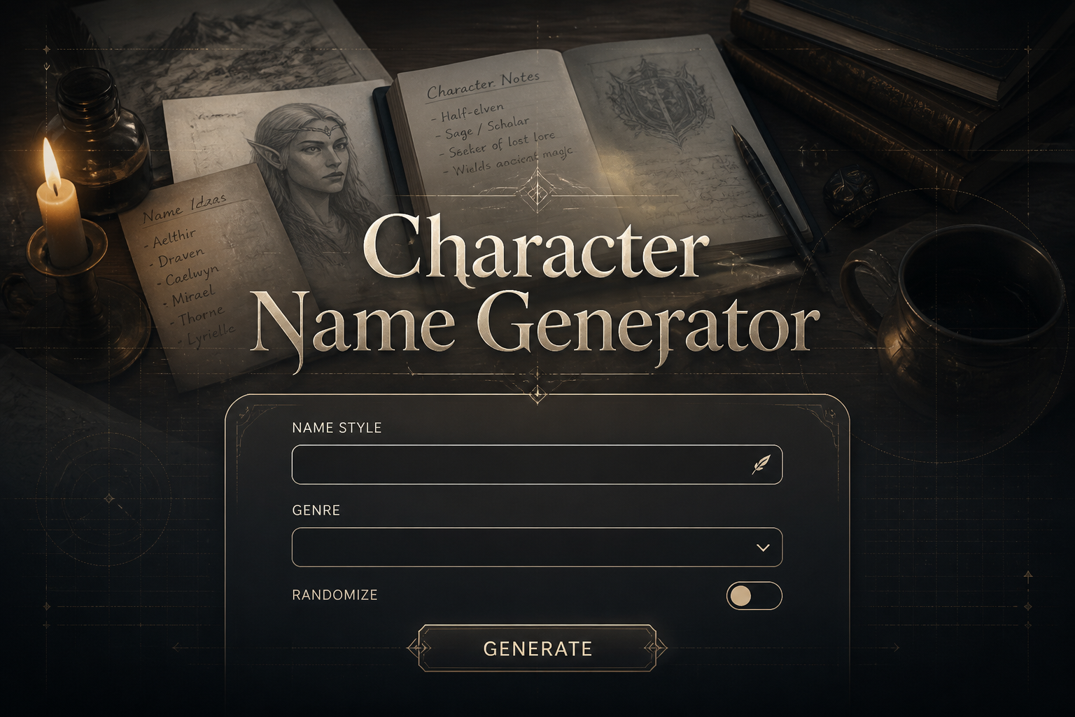Centered hero image of a polished character name generator interface with the title text, a name style input, genre dropdown, randomize toggle, and Generate button over a moody writer's desk with fantasy notes and subtle grid lines.
